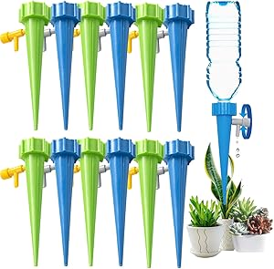 Inscape Data Self Watering Spikes, Automatic Plant Waterer, Adjustable Water Volume Drip System for Outdoor and Vacation Plant Watering-12Pack(6 Green&6 Blue)
