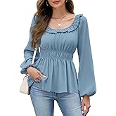 Womens Puff Long Sleeve Babydoll Tops Square Neck Ruffle Peplum Blouse Smocked Loose Fit Tunic Top Dressy Tee Shirts