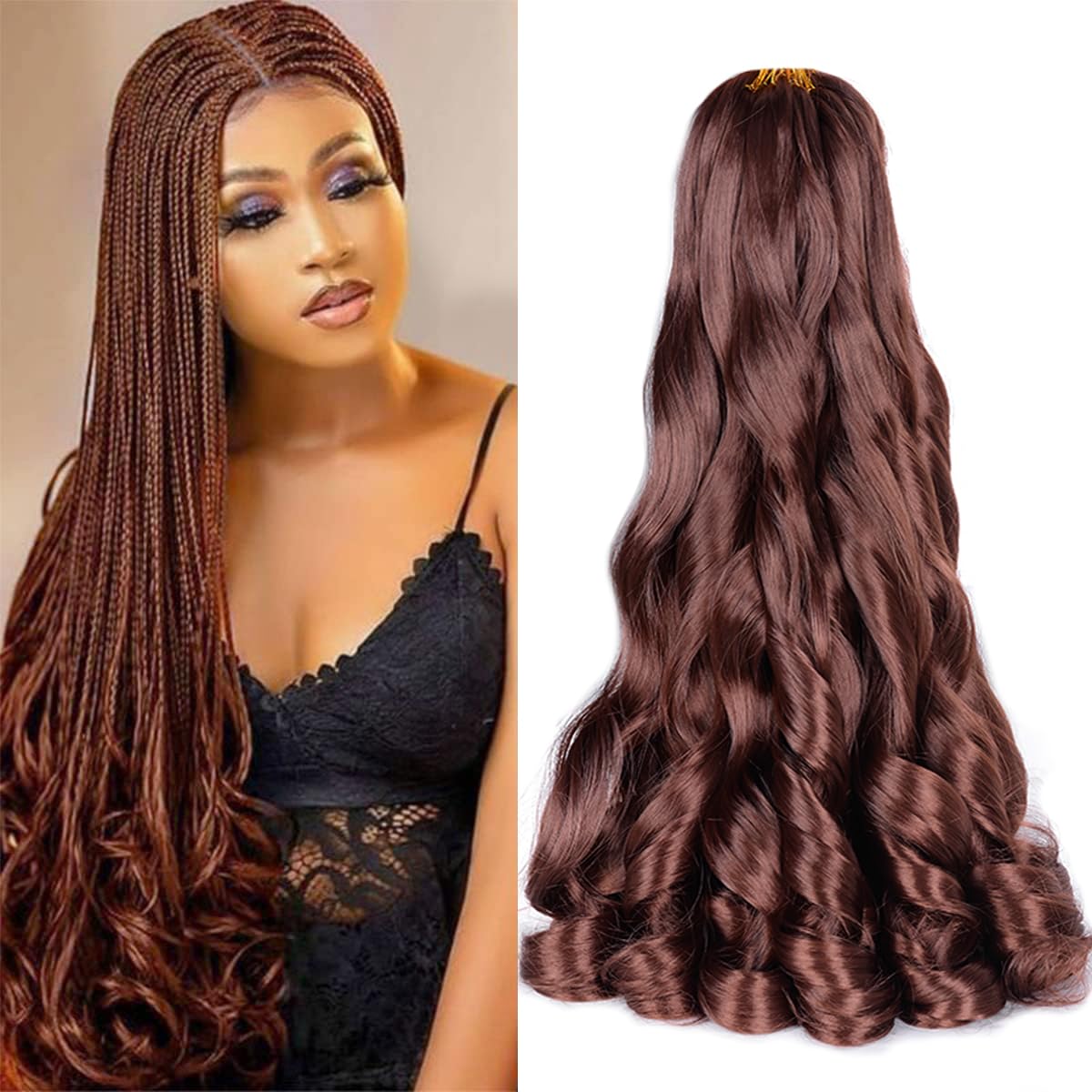 Photo 1 of French Curls Braiding Hair 33# Synthetic Bouncy Braiding Hair Extensions 75g/pack French Curly Crochet Hair Extensions 24inch(24 Inch,8 Packs,33#)