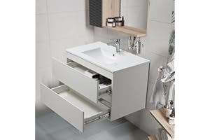 KSWIN 36" White Bathroom Vanity Wall Mounted Floating Vanity Two Drawers Storage Cabinet with White Ceramic Integrated Sink