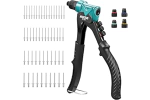 AUXTUR One-Handed Rivet Gun, Pop Rivet Gun Kit, Professional Hand Riveter, Manual Rivet Tool with 260 Pcs Rivets for Metal, Includes 4 Tool-Less Interchangeable Heads