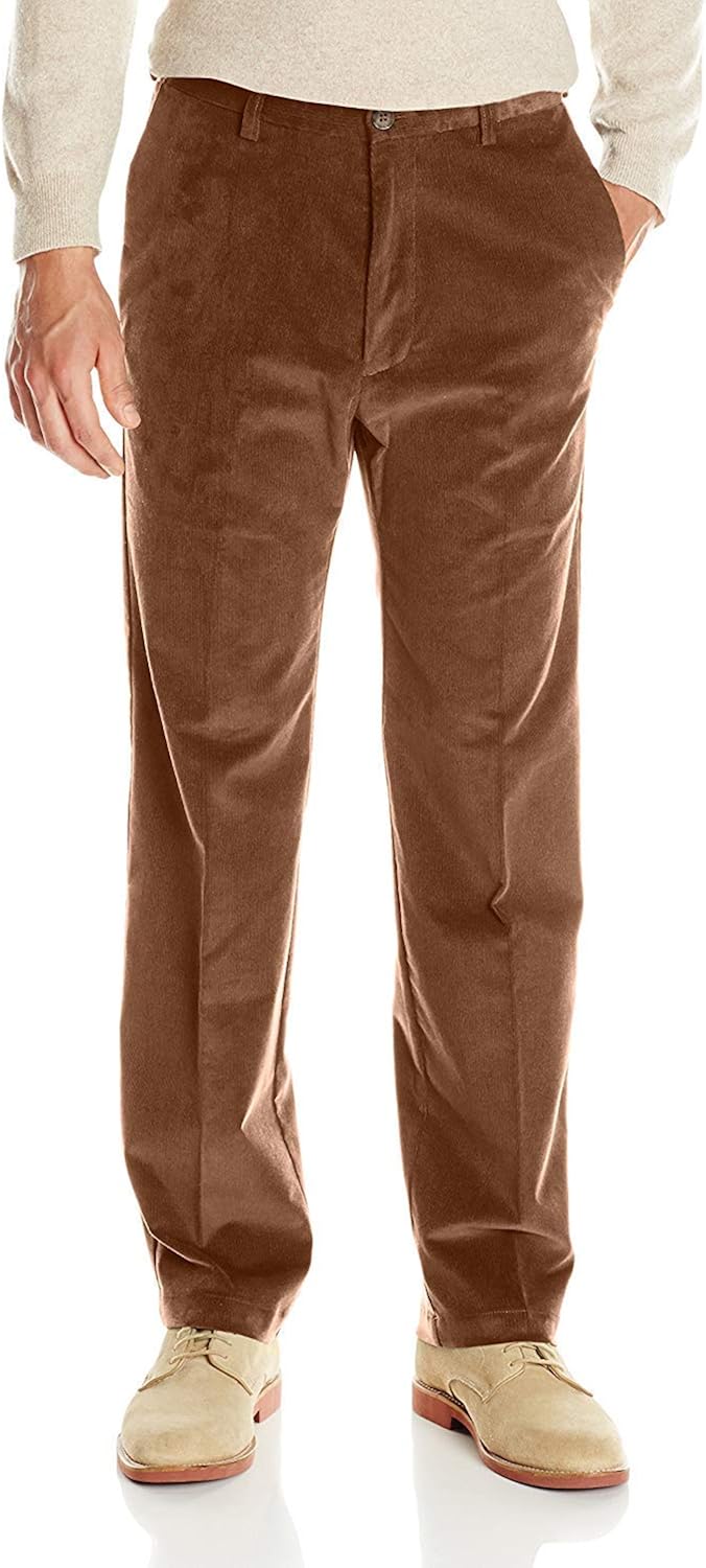 Haggar Men's 21 Wale Stretch Corduroy Expandable Waist Classic Fit Plain Front Pant, Camel 