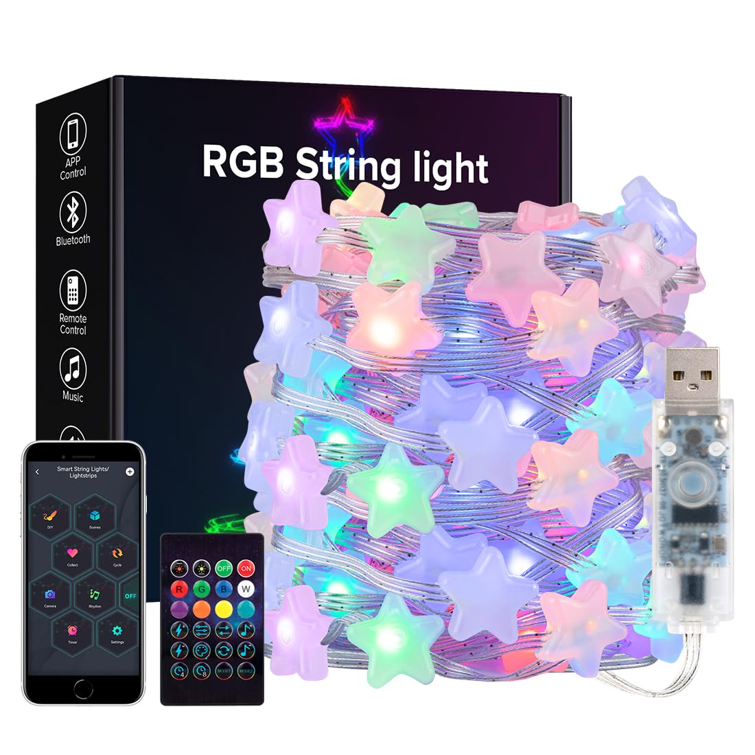 BTF-LIGHTING RGB IC Intelligent String Lights 10M 66LEDs Transparent Cable Milky Star USB LED Light IP65 Waterproof with IR Remote Control Music Mode Timer Tracking Effect for Home Decoration — image 1