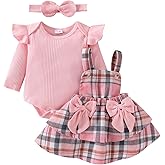 FOCUTEBB Baby Girl Clothes Fall Winter Outfit Long Sleeve Ruffle Romper Plaid Skirt Bow Headband 3 Pcs Set 0-18 Months