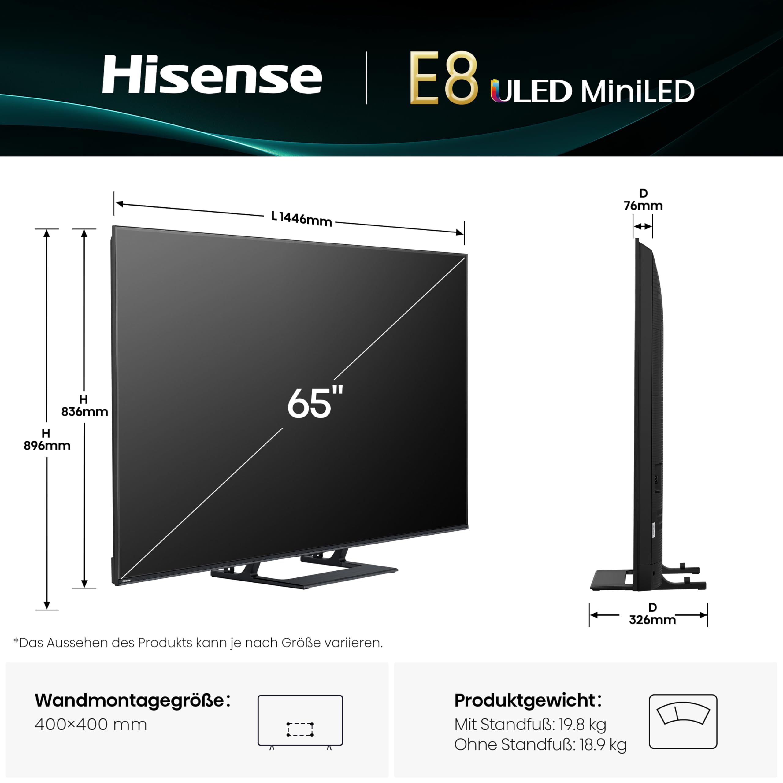 Hisense 65E89Q Fernseher, 65 Zoll (164cm), 4K ULED Mini LED, Smart TV, 144Hz Game Mode PRO, Hi-View AI Engine, AI Smoothmotion, Built-in Subwoofer, Dolby Vision.Atmos, Filmmaker Mode, Hi-Concerto 2