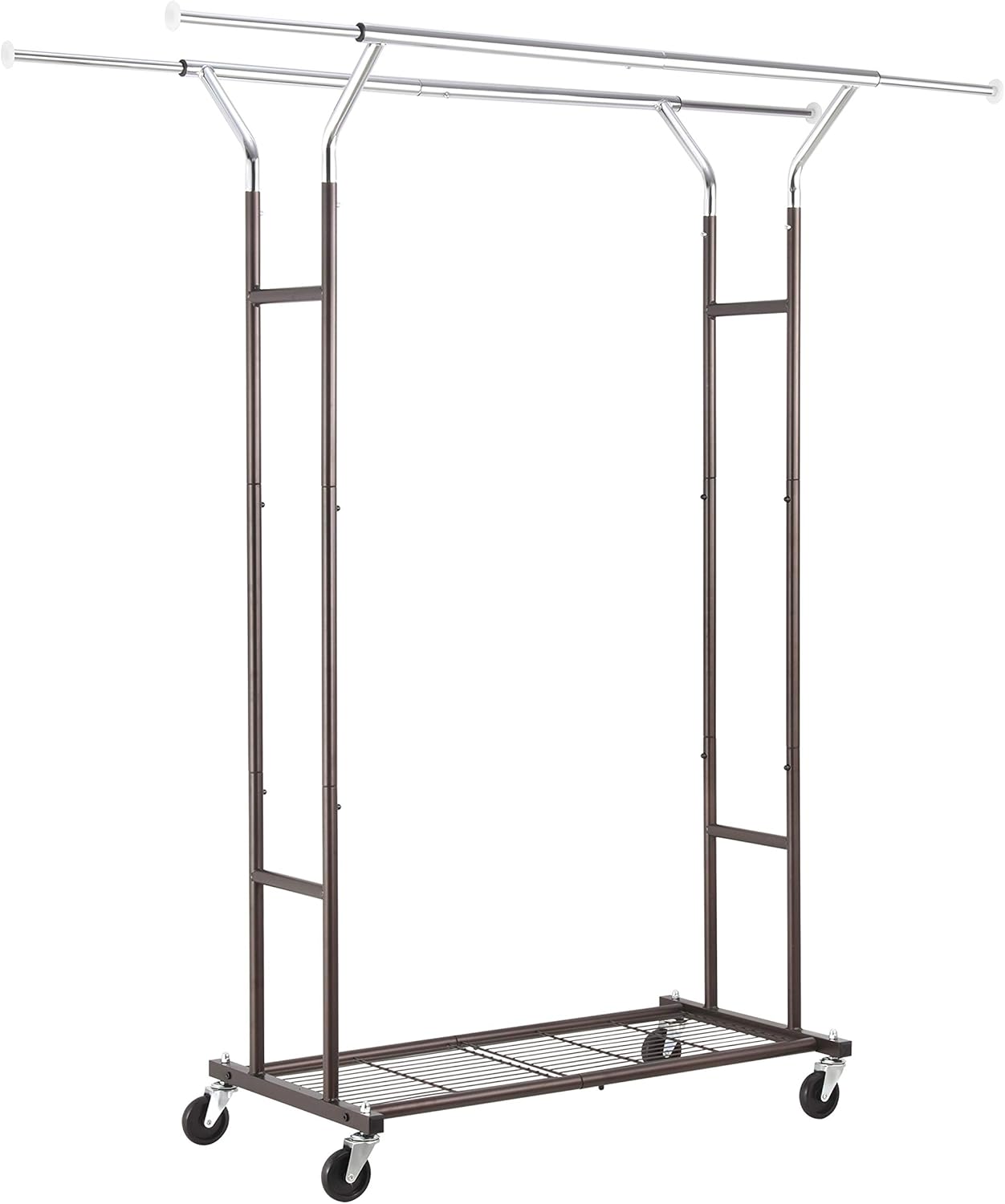 Simple Trending Double Rail Clothing Garment Rack, Heavy Duty Commercial Grade Rolling Clothes Organizer with Wheels and Bottom Shelves, Holds up to 250 lbs, Bronze and Chrome: Home Improvement