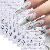 Lily Letter Sticker for Nail Art 6pcs Elegant Nail Stickers Black and White Ink Painting Flower Letter Patterns Nail Decal Design 3D Self-Adhesive Nail Art Supplies for Women Manicure DIY Decoration