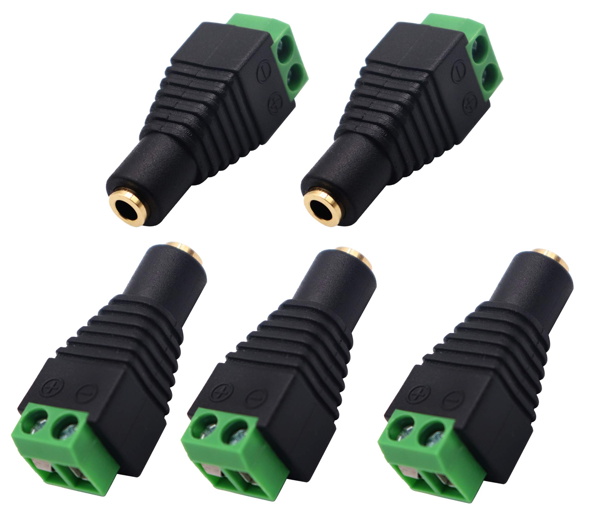 AAOTOKK 5-Pack Black Gold Plated 3.5mm (1/8") TS Mono Female to 2 Pin Female Screw Terminal AUX Headphone Balun Solderless Converter Adapter