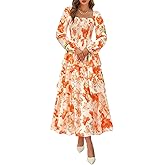 BTFBM Spring Dresses for Women 2026 Floral Long Sleeve Smocked Square Neck Ruffle Tiered Flowy Party Wedding Guest Dress