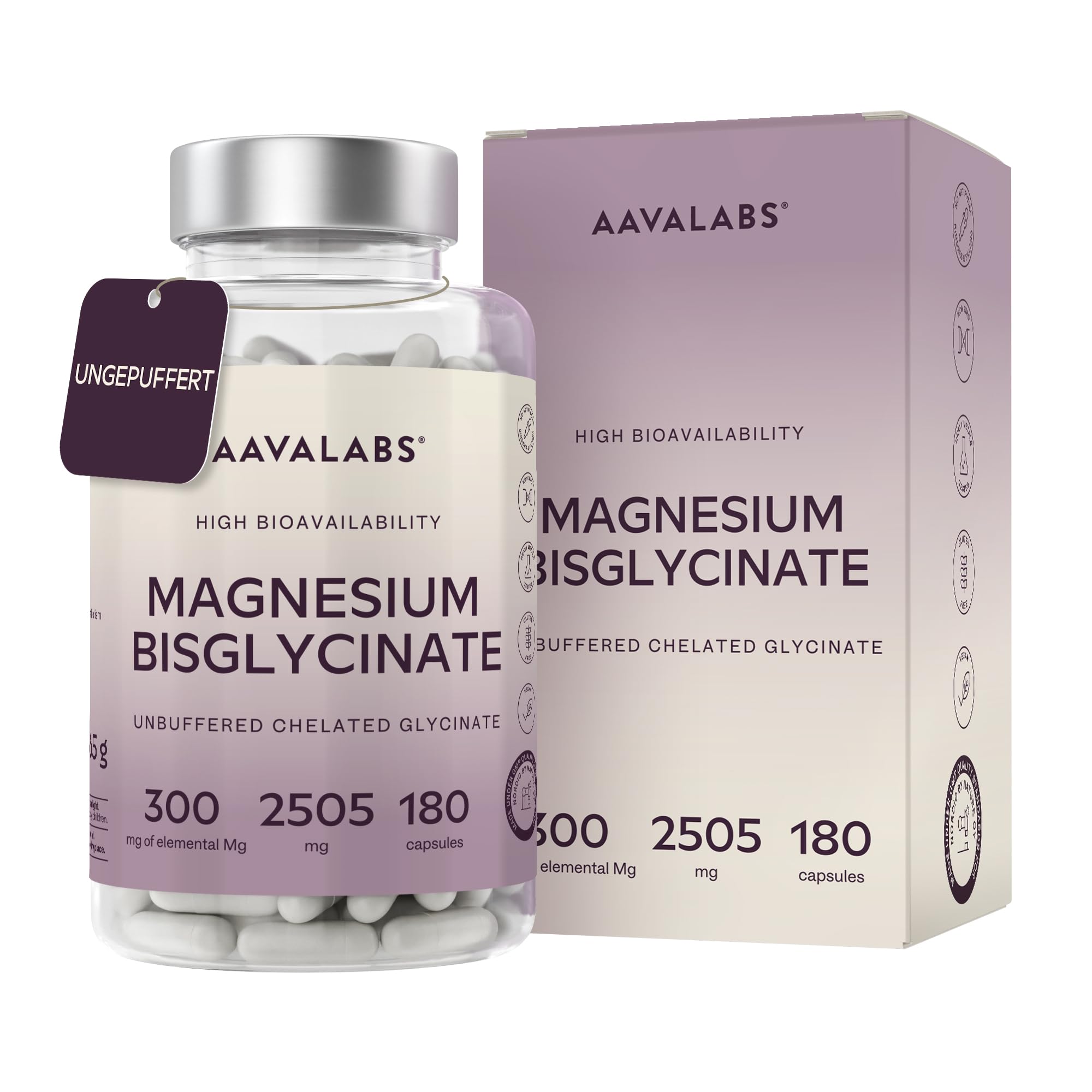 Magnesium Bisglycinat Hochdosiert 2505mg | 300mg Elementares Magnesium, Glycinat Kapseln Vegan - Ungepuffertes Magnesiumglycinat Chelat - 180 Bisglycinat Kapseln