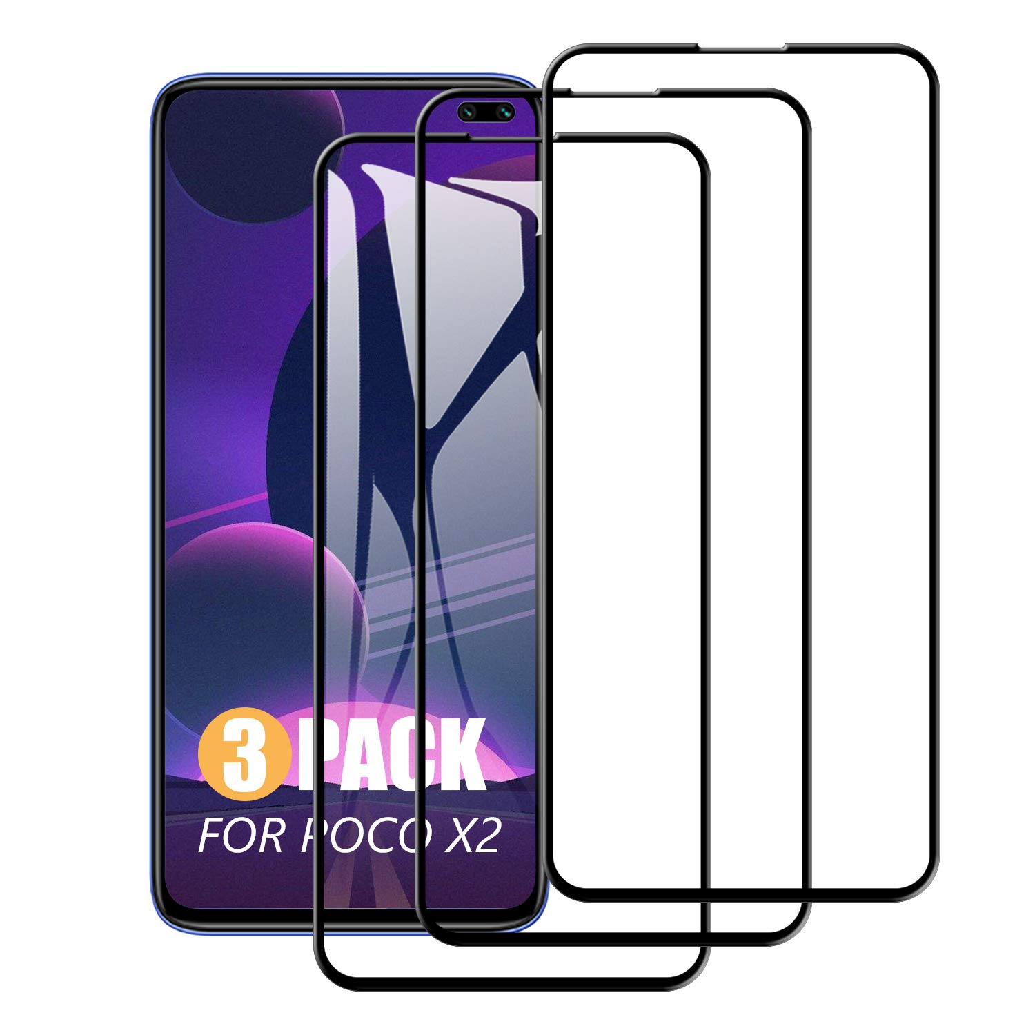 SCL Screen Protector for POCO X2, 3 Pack Full Coverage Series Tempered Glass for POCO X2, Full Screen Protection, 9H Hardness