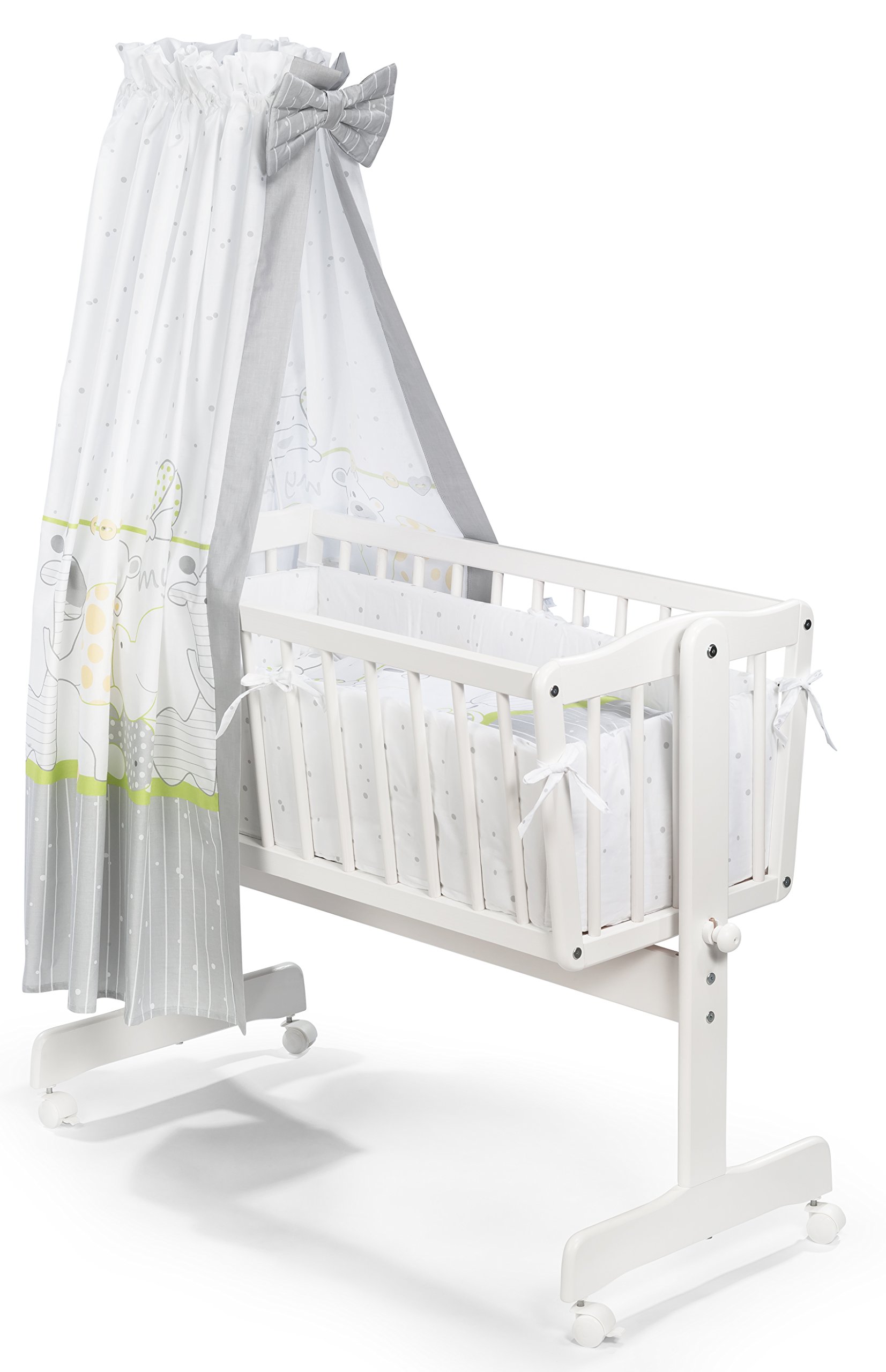grey swinging crib