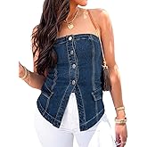 Cicy Bell Womens Strapless Denim Vest Summer Button Down Jean Tube Tops Y2k Going Out Fitted Bandeau Shirts Waistcoat