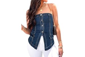 Womens Strapless Denim Vest Summer Button Down Jean Tube Tops Y2k Going Out Fitted Bandeau Shirts Waistcoat