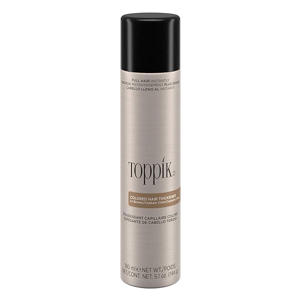 TOPPIK COLORED HAIR THICKENER, LIGHT BROWN, VOLUMIZING ROOT TOUCH UP CONCEALER HAIR COLOR SPRAY, COLORED SPRAY FOR ROOT TOUCH UP, COVER UP, HAIR THICKENING, HAIR BUILDING FIBER SPRAY, 5.1OZ SPRAY