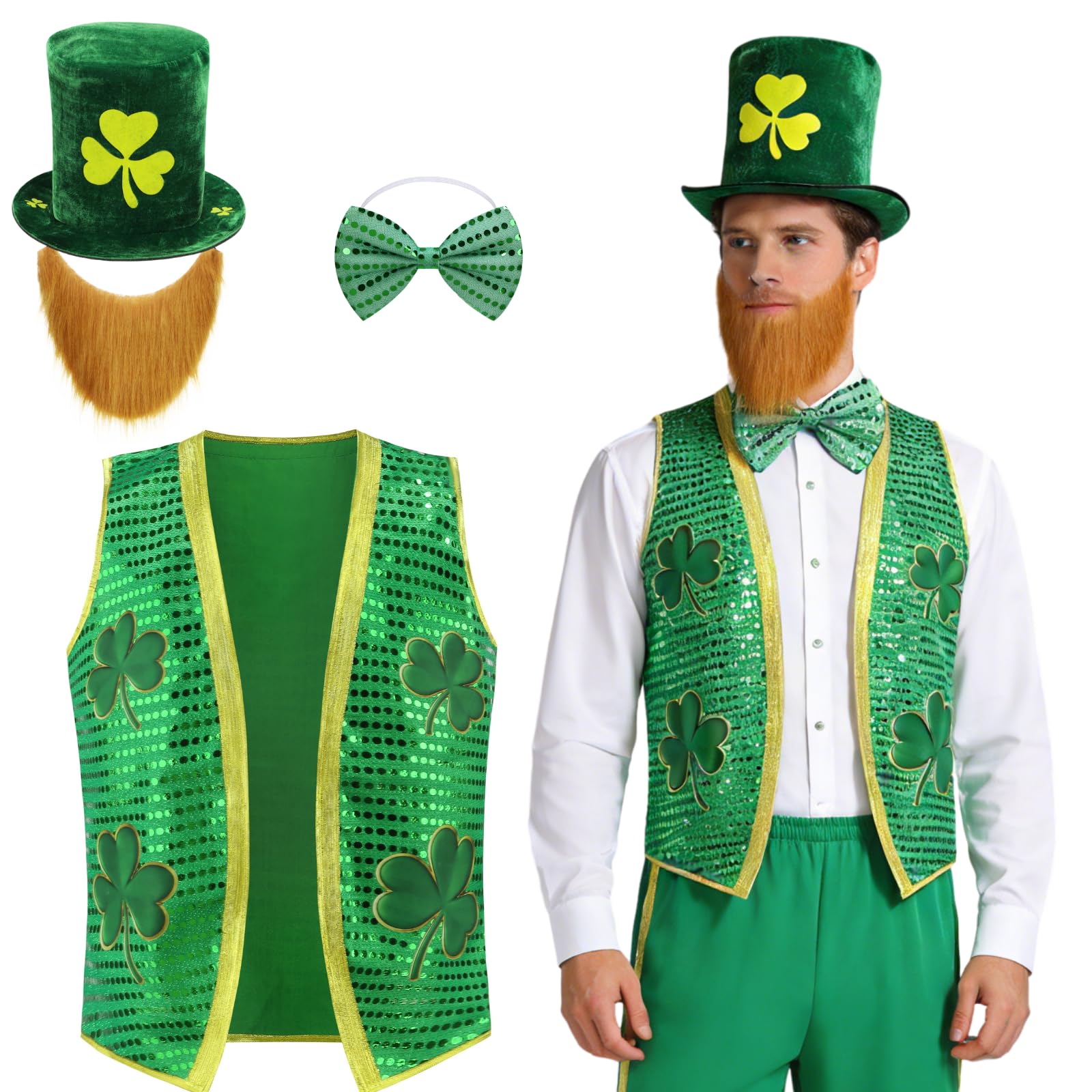 maxToonrain 4PCS St. Patrick's Day Costume Mens Sequin Shiny Vest with Green Sequined Bow Tie, Ginger Beard, Tall Shamrock Hat Adult Leprechaun Fancy Dress for Irish St. Paddy's Day (Large)