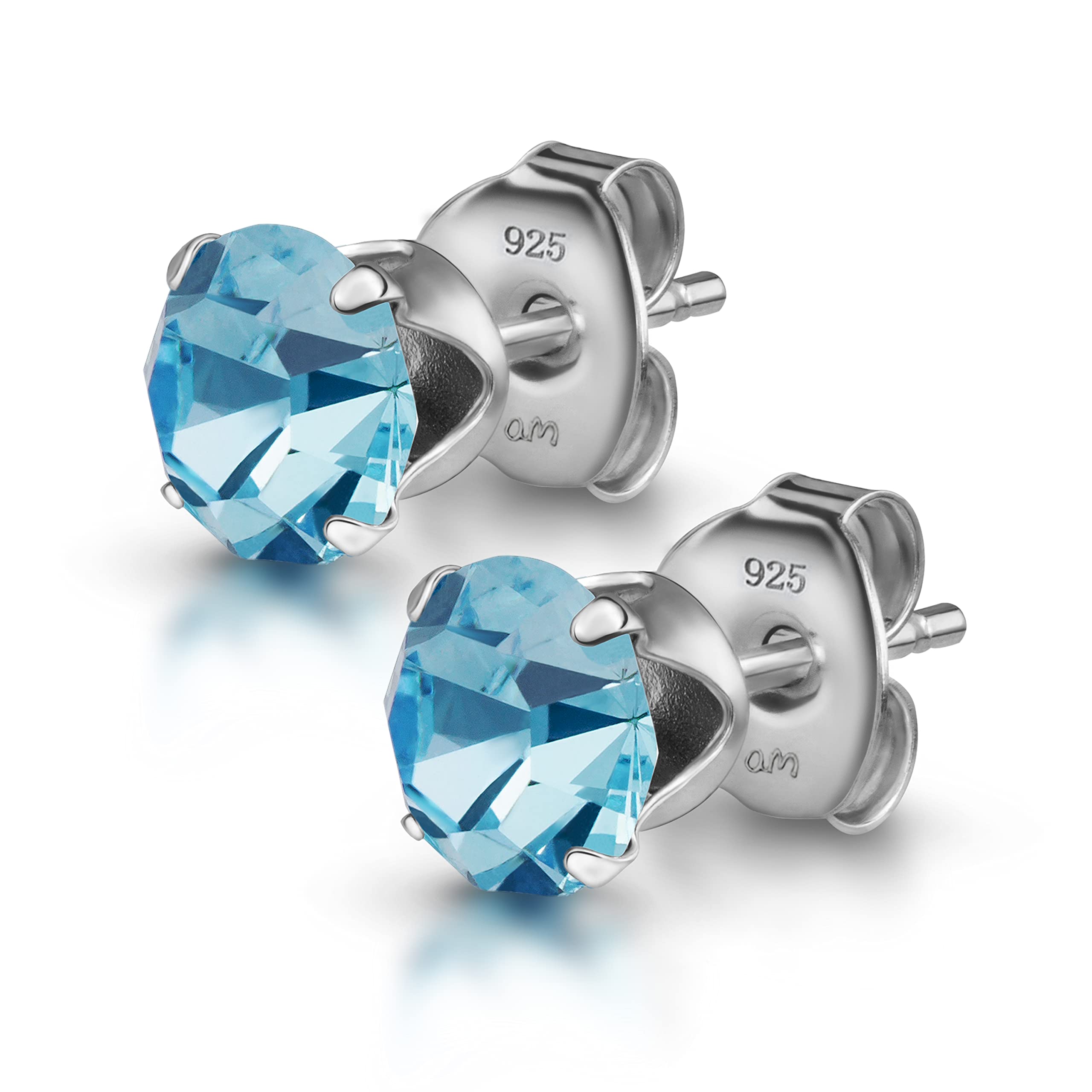 Amberta Women's 925 Sterling Silver Lumini Crystal Blue Collection Stud Earrings: Aquamarine