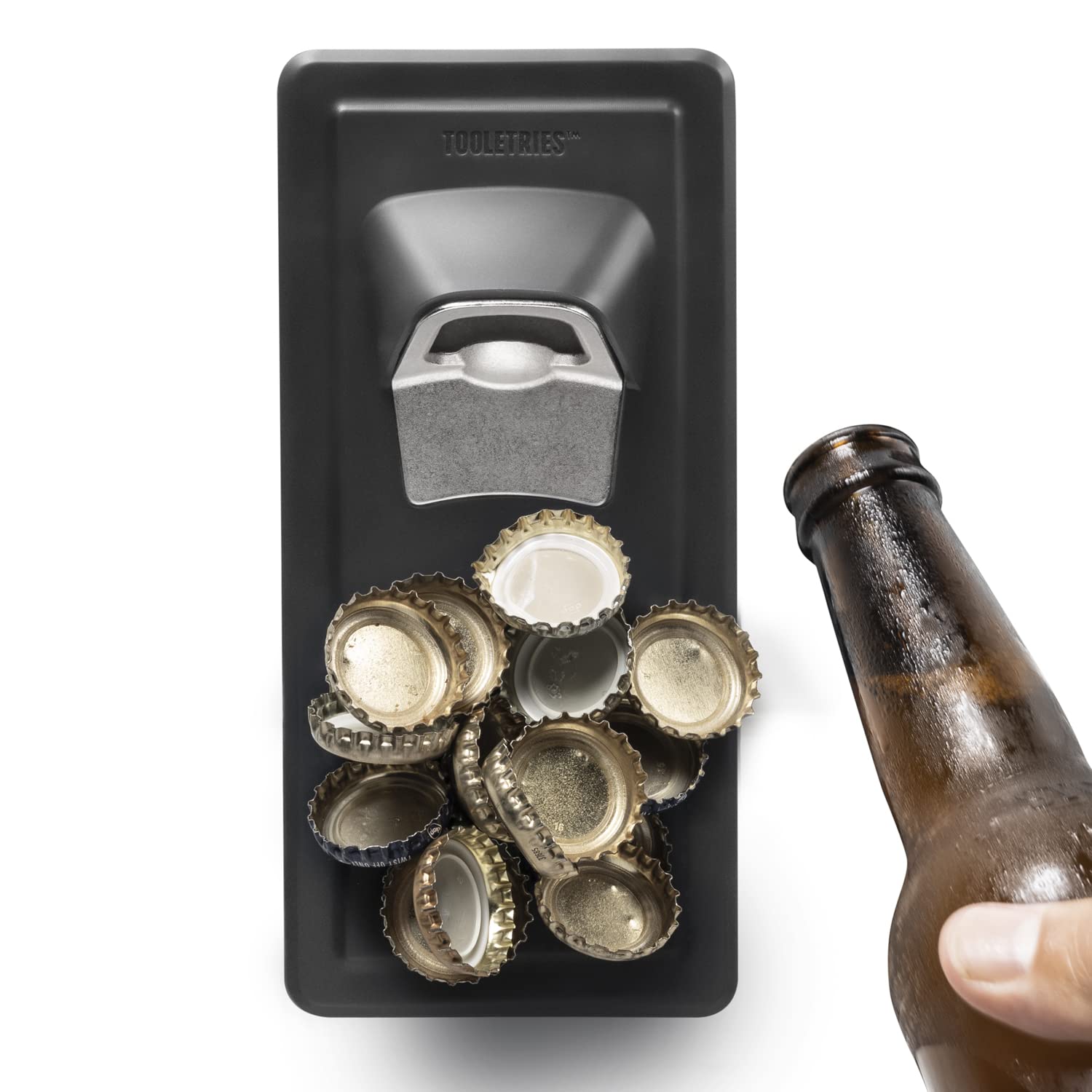 TOOLETRIES - The Catcher - Bottle Opener with Silicone Grip Technology & Built-in Magnet to Catch Caps - Removable & Reusable - for Home Fridge, Shower, Garage, or Any Shiny Surface
