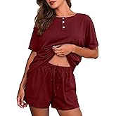 Girece Womens Pajama Sets Soft Lounge Sets Crew Neck Wine Red Pajamas Comfy Lightweight Casual Stretchy Elastic Waist with Drawstring(Wine Red,M)