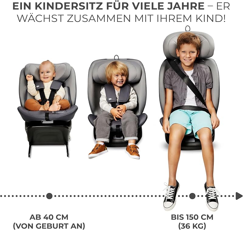 I-GROW Kindersitz 0-36 kg, I-SIZE 40-150 cm, 360 grad drehbar, Kinderautositz mit Isofix station, FWF und RWF, Verstellbare Kopfstütze/Rückenlehne mit Liegeposition, Grau