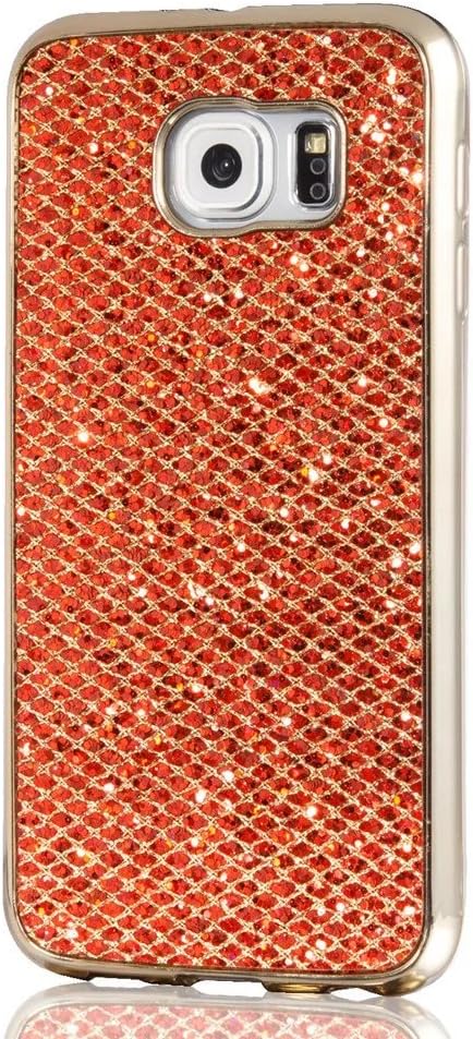 Samsung Galaxy S6 Edge MUTOUREN case premium silicone cover Flexible Soft TPU cover Clear Bumper TPU Soft Case Rubberdurable bling sparking Silicone Skin Cover Case-red