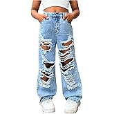Floerns Girl's Distressed Jeans Baggy Wide Straight Leg Y2k Ripped Denim Pants