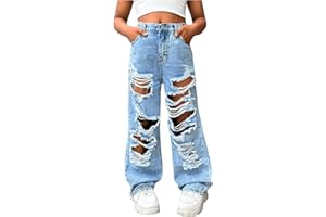 Floerns Girl's Distressed Jeans Baggy Wide Straight Leg Y2k Ripped Denim Pants