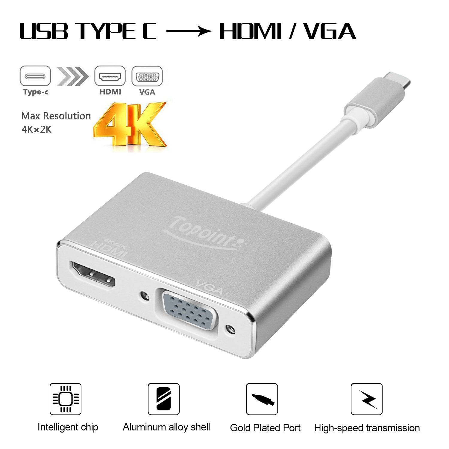 USB 3.1 Typ C auf HDMI VGA Adapter, Topoint Typ C (USB-C, Thunderbolt 3 Kompatibel) auf VGA HDMI (4Kx2K) 2 in 1 Adapterkabel Konverter für Macbook（Nicht unterstützt Macbook pro 2017） / Chromebook Pixel / Microsoft Lumia 950XL
