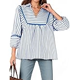 Tankaneo Womens Striped Babydoll Tops Oversized 3/4 Sleeve Peplum Blouse Casual Loose Fit Pleated Cute Shirts Blue White