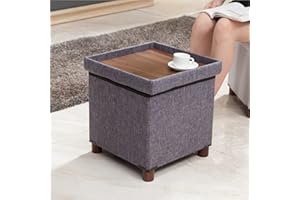 AO LEI 15 Inches Storage Ottoman with Wooden Legs Cube Foot Rest Stool, Square Footstool Storage, Ottoman with Storage for Living Room, Foldable Fabric Ottoman, Comfortable Seat with Lid, Space-Saving Grey