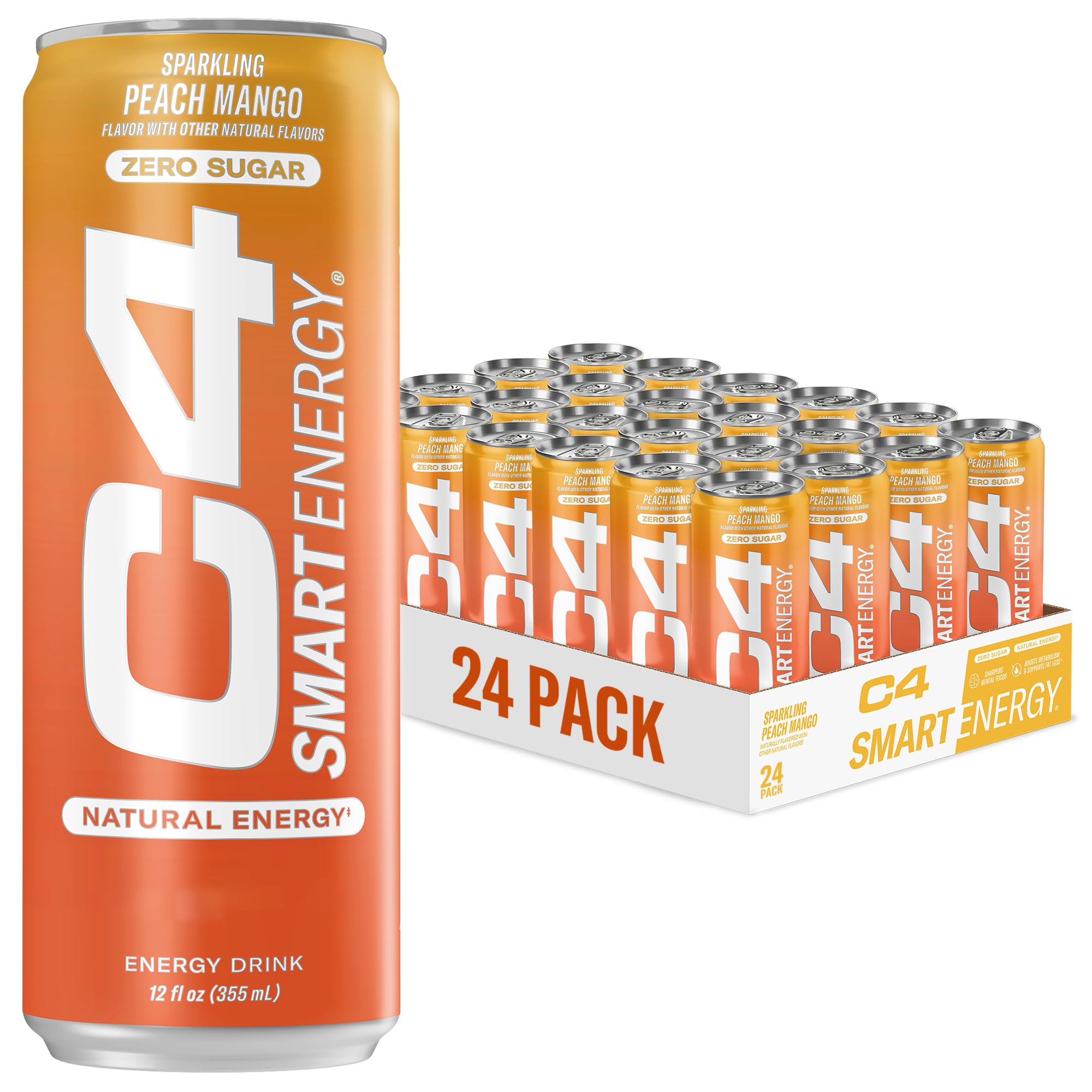 C4 Smart Energy Drink - Sugar Free Performance Fuel & Nootropic Brain Booster, Coffee Substitute or Alternative | Peach Mango Nectar 12 Oz - 24 Pack Image