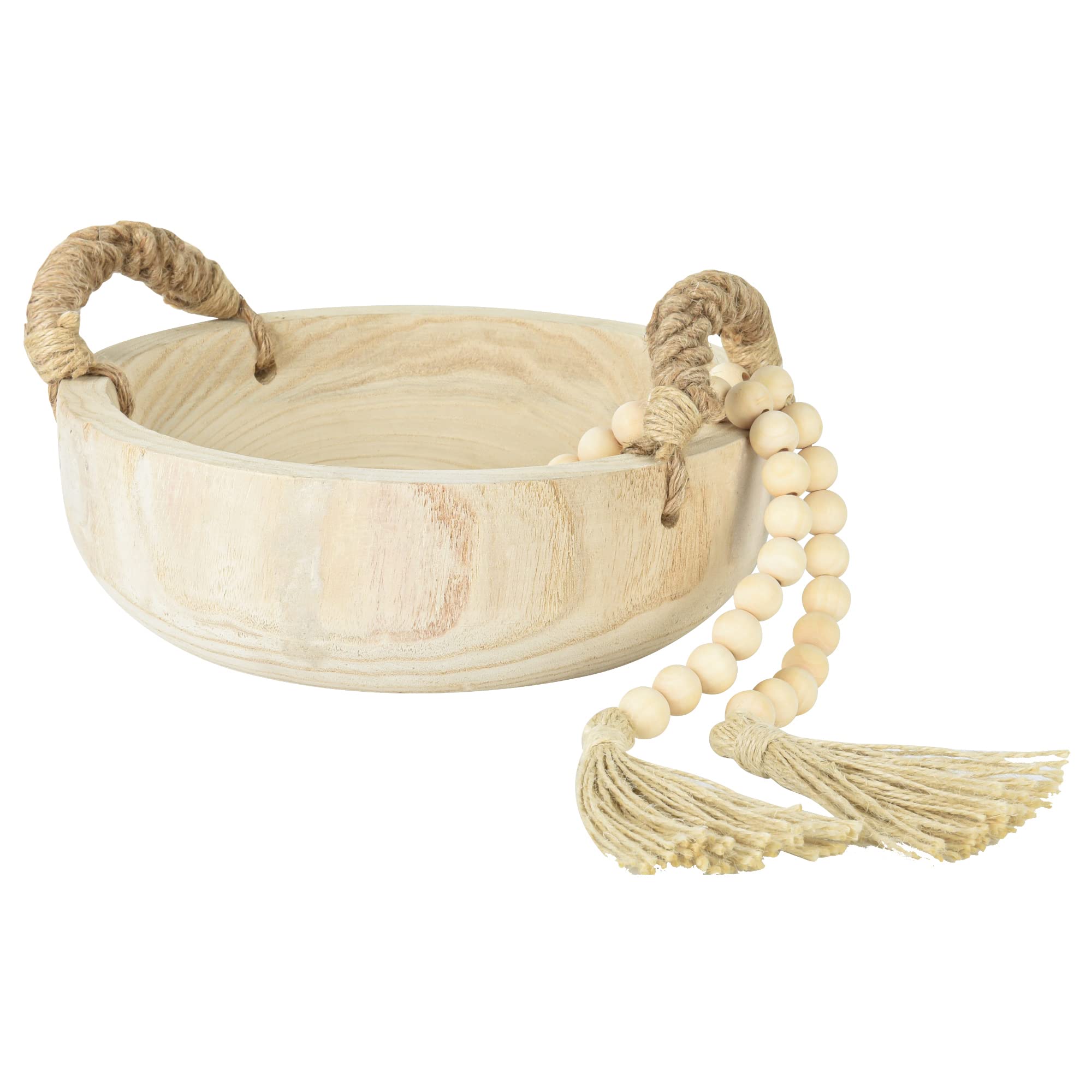 Photo 1 of Paulownia Wood Dough Bowl for Decor - Rustic Round Serving Key Bowl With Rope Handle and Wood Bead Garland - Christmas Tabletop Centerpiece Home Decor - 9.5 Inches