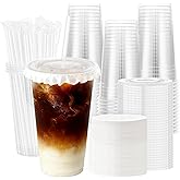 Lamosi 50 Pack 24 oz Clear Plastic Cups with Lids and Straws, Disposable Plastic Coffee Cups with Lids for Iced Coffee, Cold Beverages, Smoothies and To-Go Drinks