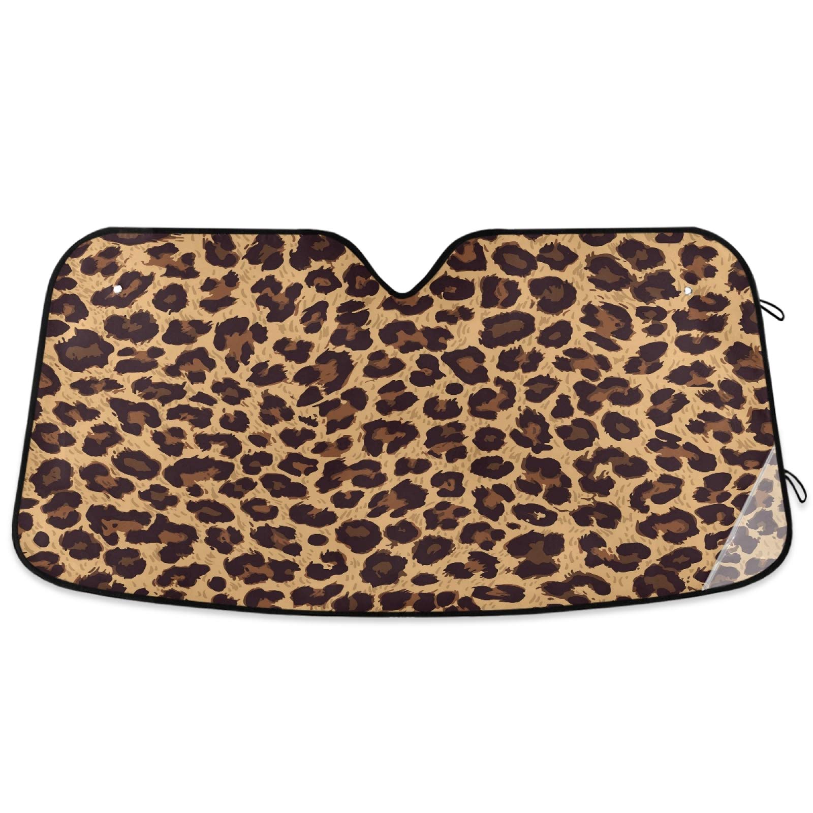 Photo 1 of Oarencol Leopard Skin Print Car Windshield Sun Shade Animal Brown Foldable UV Ray Sun Visor Protector Sunshade to Keep Your Vehicle Cool (55" x 27.6")
