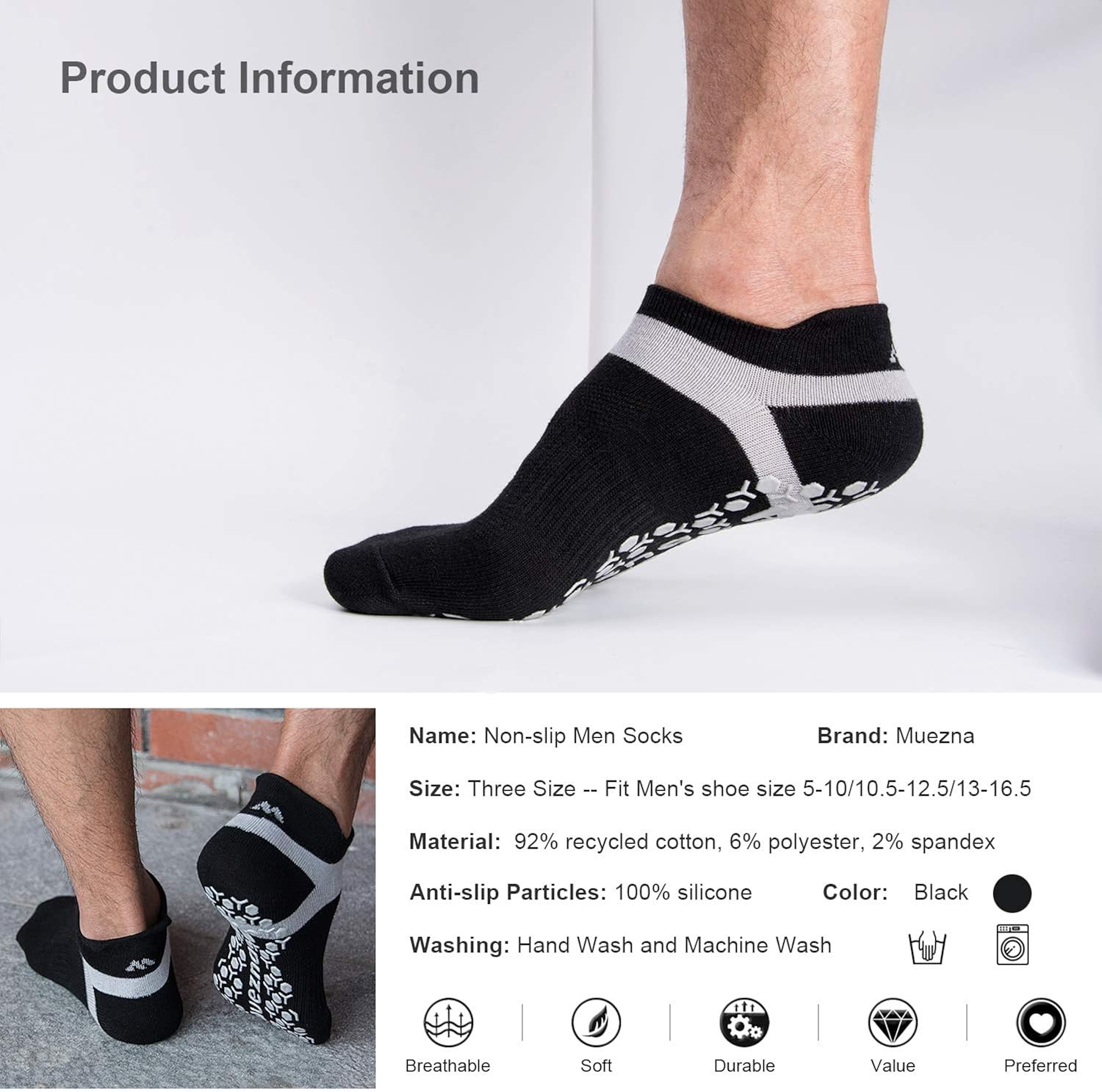 Muezna Men's Non-Slip Yoga Socks, Anti-Skid Pilates, Barre, Bikram Fitness Hospital Slipper Socks with Grips : Clothing