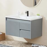 Ymise Floating Bathroom Vanity 32 Inch, Wall Mounted Bathroom Vanity with Ceramic Sink and 2 Drawers for Storage, Modern Wave-Carved Design Wooden Sink Cabinet, Grey