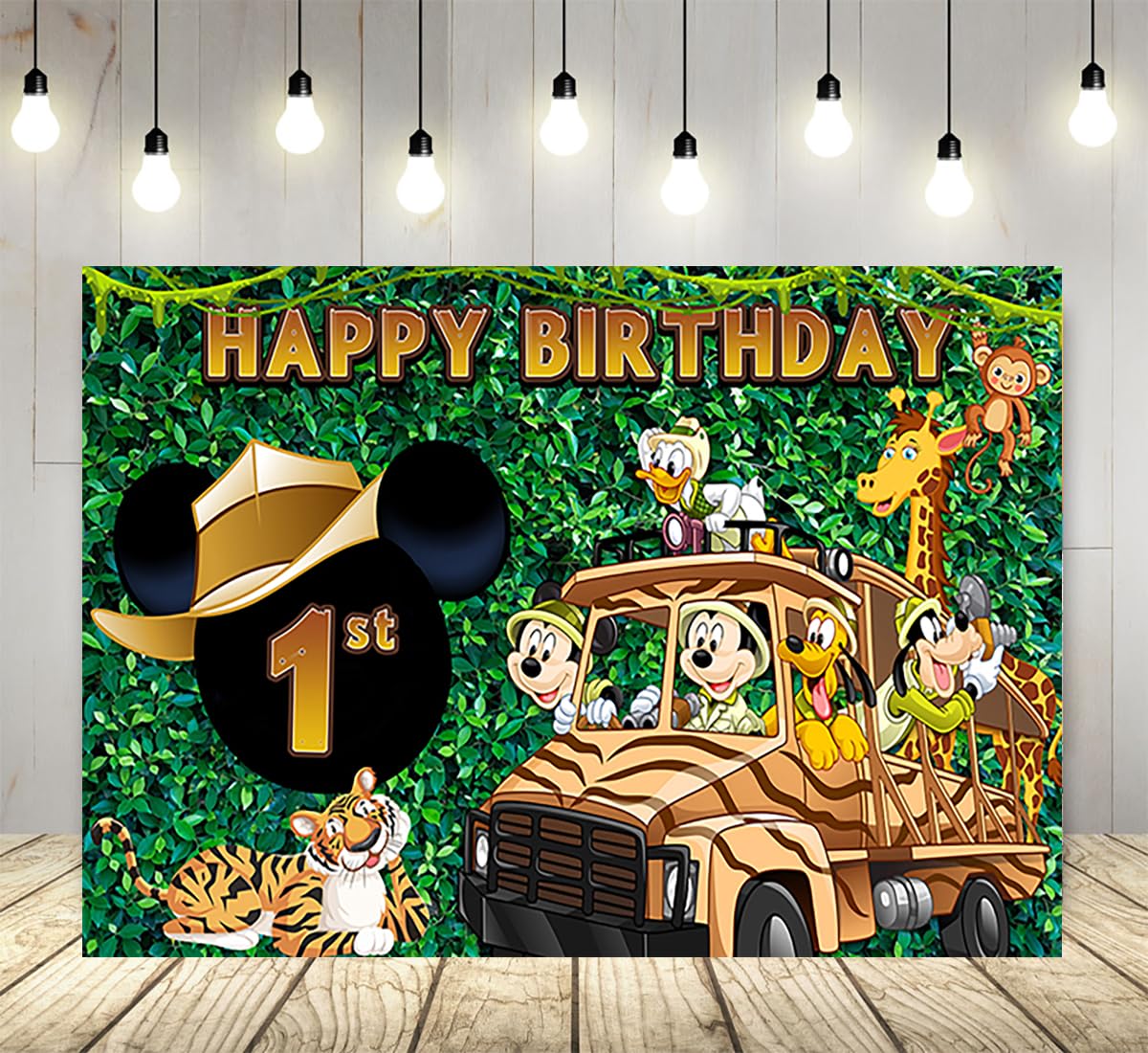 Photo 1 of Green Wild Backdrop for Mickey Safari 1st Birthday Party Supply 5x3ft Jungle Safari Photo Background for Mickey Theme Party Caketable Decorations Baby Shower Banner HM556E