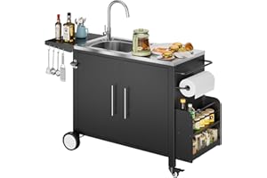 ROOMTEC Outdoor Grill Cart with Stainless Steel Sink, Rolling Metal Prep Table & Storage Cabinet, BBQ Kitchen Island for Patio or Garden