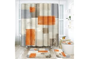 ArtSocket Abstract Orange Bathroom Set with Shower Curtain and Rugs Accessories, Orange Brown and Gray Modern Shower Curtain for Bathroom, Orange Bathroom Decor 4 Pcs
