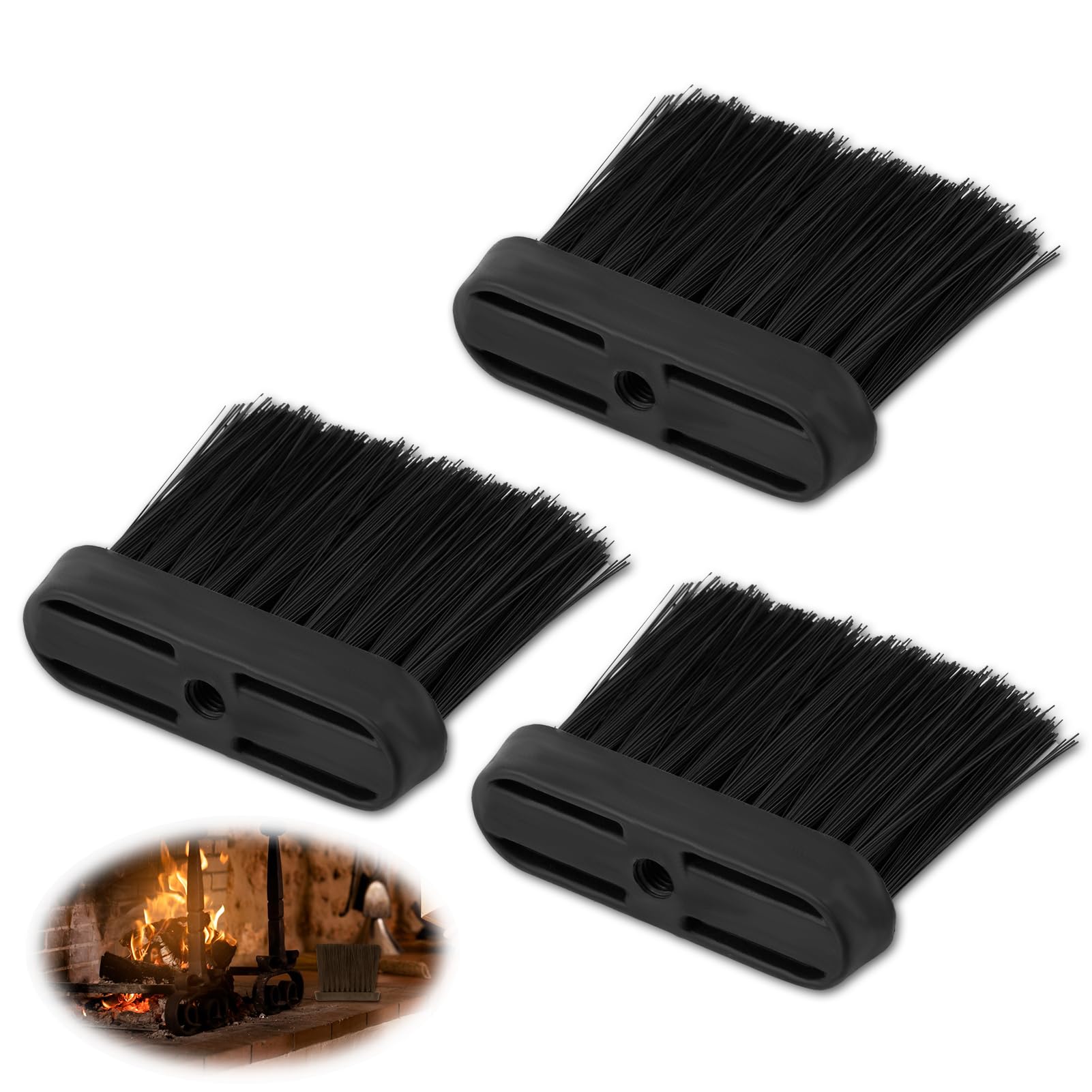 3 PCS Oblong Hearth Brush Set - Fireside Replacement Heads and Log Burner Cleaning Accessories for Stove Ash and Dust Removal