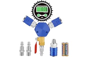 Uharbour Air Manifold with 200 Psi Digital Pressure Gauge, 3-Way Air Hose Splitter with 1/4" NPT Quick Connector and 1/4" NPT Brass Valve, Component of 4 Tire Inflation System