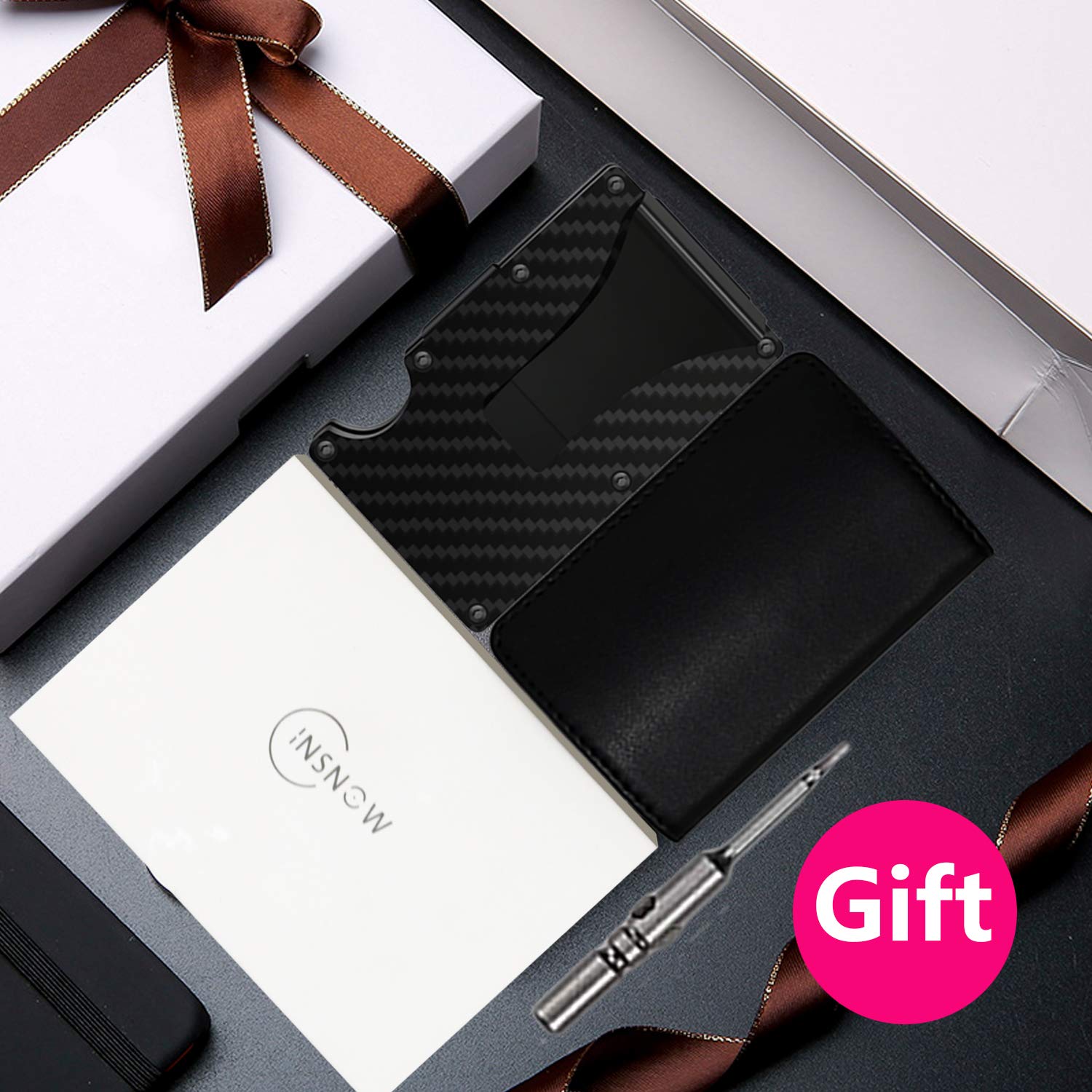 Carbon Fiber Wallet + Business Card Case Gift Set - RFID Blocking Slim Money Clip and Business Card Holder - Minimalist Credit Card Holder Organizer Protector Front Pocket Metal Money Clip for Men