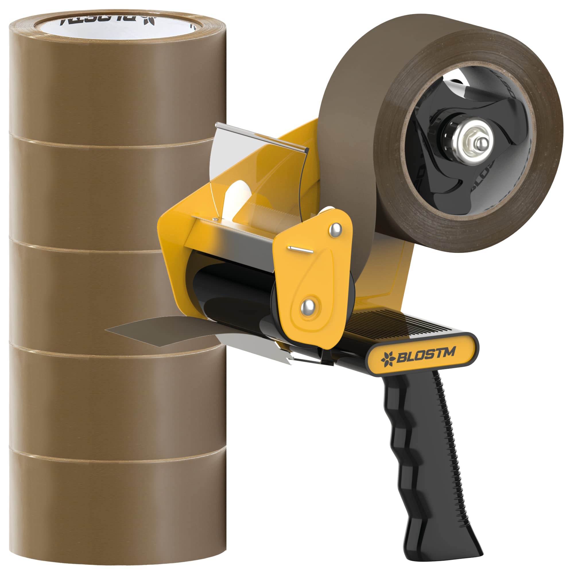 BLOSTM Tape Gun & Brown Packing Tape 6 PCS - Strong Parcel Tape Dispenser with 6 Rolls for Sealing Parcel Boxes, Packaging & Moving House