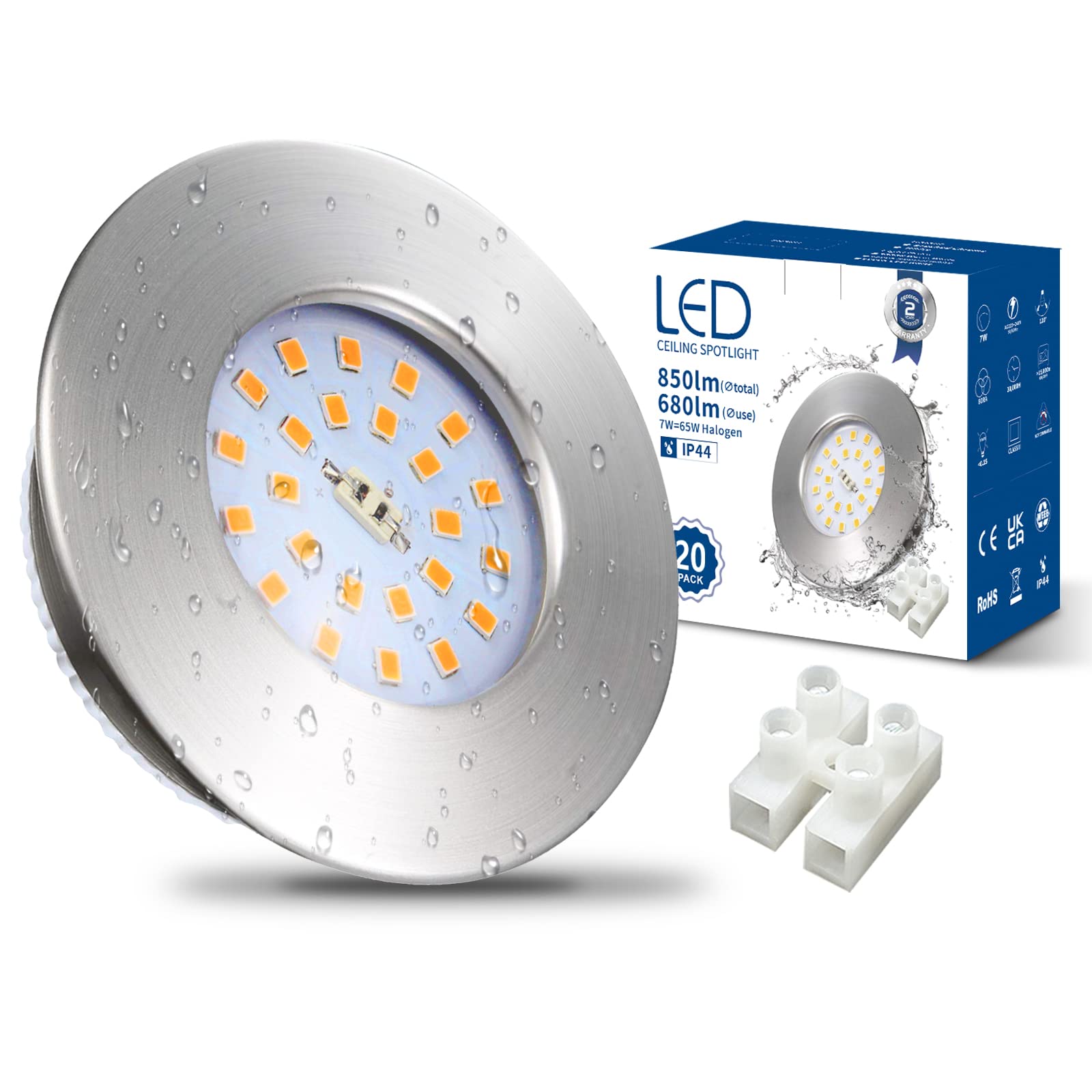 HiBay 20x 7W Recessed Ceiling Lights Ultra Thin IP44 Spotlight Brushed Chrome Down Light Warm White LED Downlight 68mm Ceiling Hole for Bathroom Kitchen Outdoor Soffits