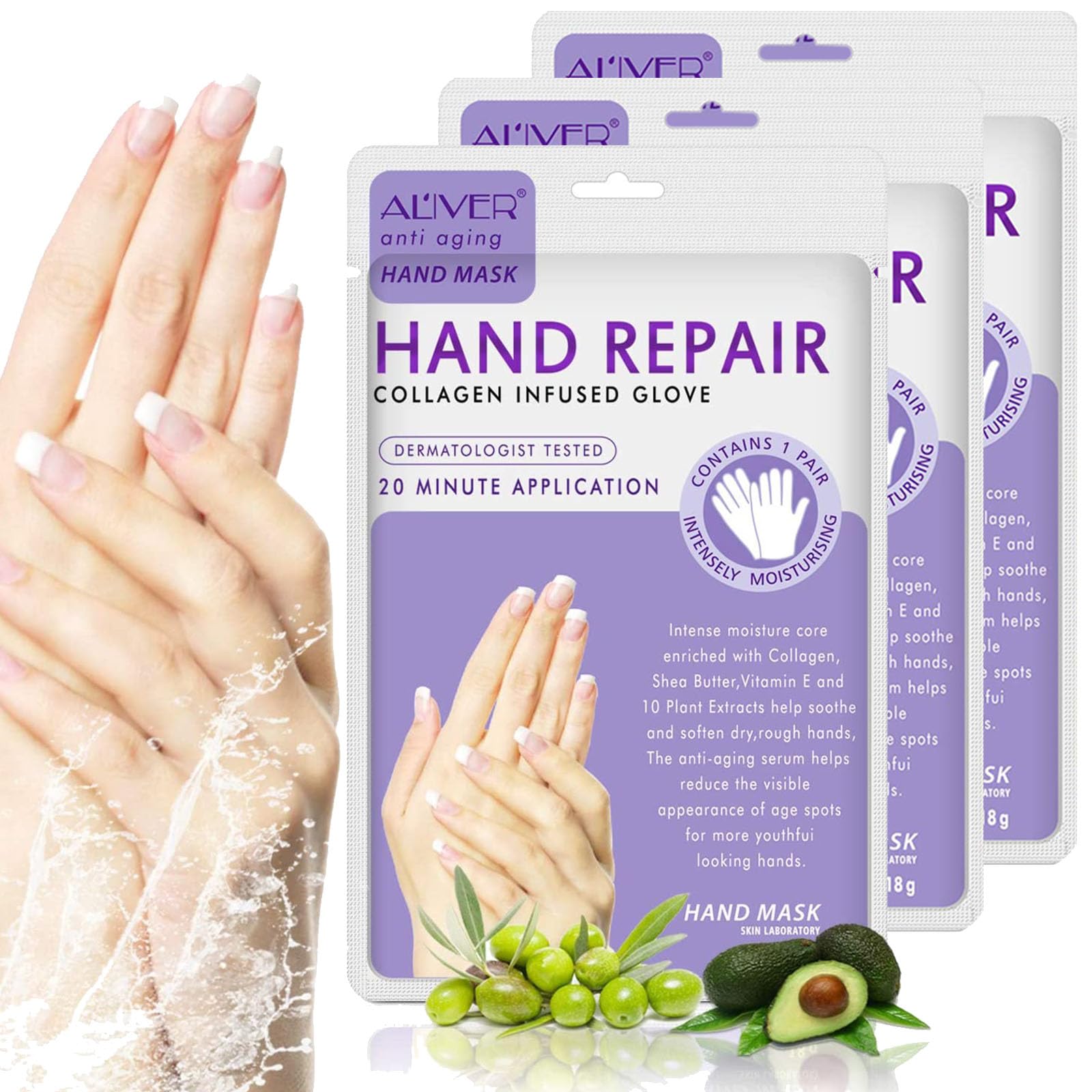 Hands Moisturizing Gloves 3 Pairs, Hand Skin Repair Renew Mask w/Infused Collagen, Vitamins + Natural Plant Extracts for Dry, Aging, Cracked Hands Intense Skin Nutrition Hand Cream Mask