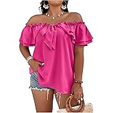MakeMeChic Women's Plus Size Off Shoulder Top Tie Front Layered Ruffle Short Sleeve Blouse Top