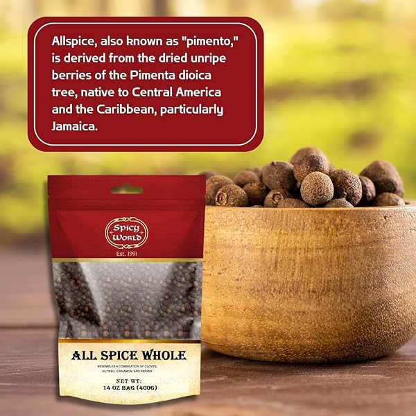 SPICY WORLD WHOLE ALLSPICE BERRIES 14 OZ RESEALABLE BAG | ALL SPICE PIMENTO JAMAICA PEPPER FOR COOKING & SEASONING | VERSATILE BERRY FOR CURRIES, SOUPS AND EVEN PASTRIES