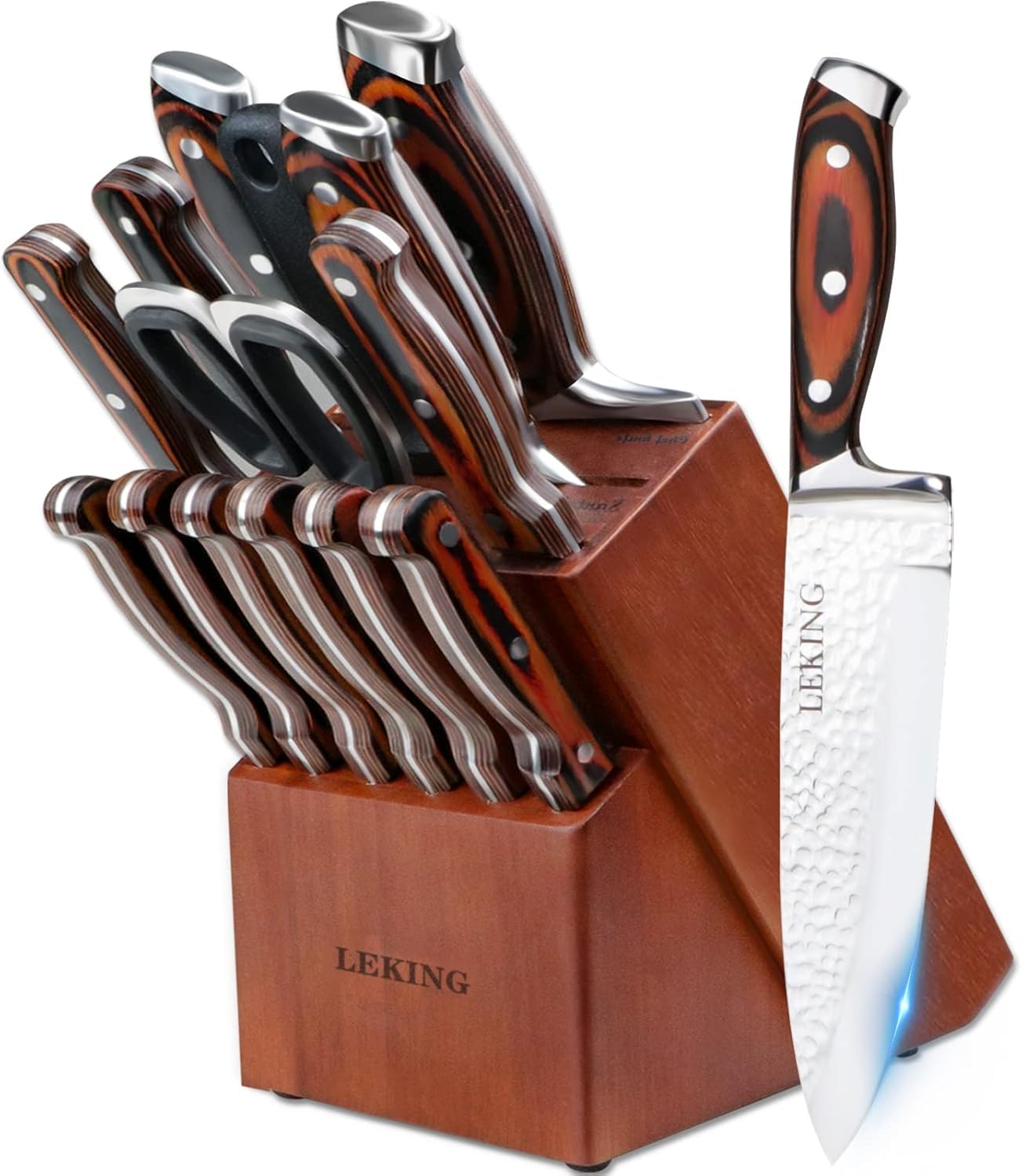 Photo 1 of Leking 15-Piece Block Knife Set with Wooden Block, Premium High Carbon Stainless Steel Chef Knife Set with Pakka Wooden Handle, Kitchen Knife Sets with Sharpener, Knives Set, Scissor, 6 Steak Knives