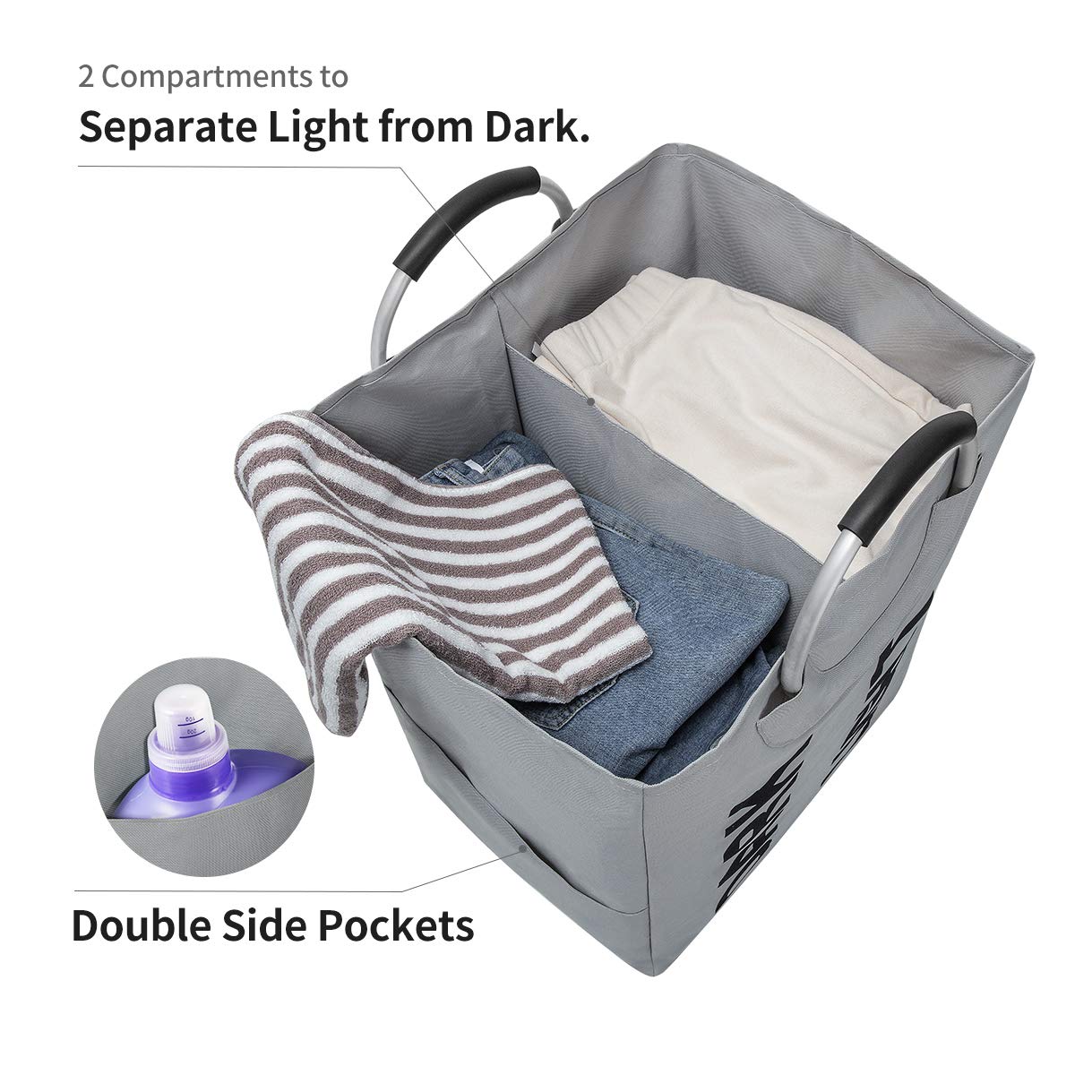 WISHPOOL Double Large Foldable Laundry Hamper Divided Handy Stand Collapsible Laundry Basket Waterproof Bag Bin Organizer Storage Corner with Handles (Dark Grey) …