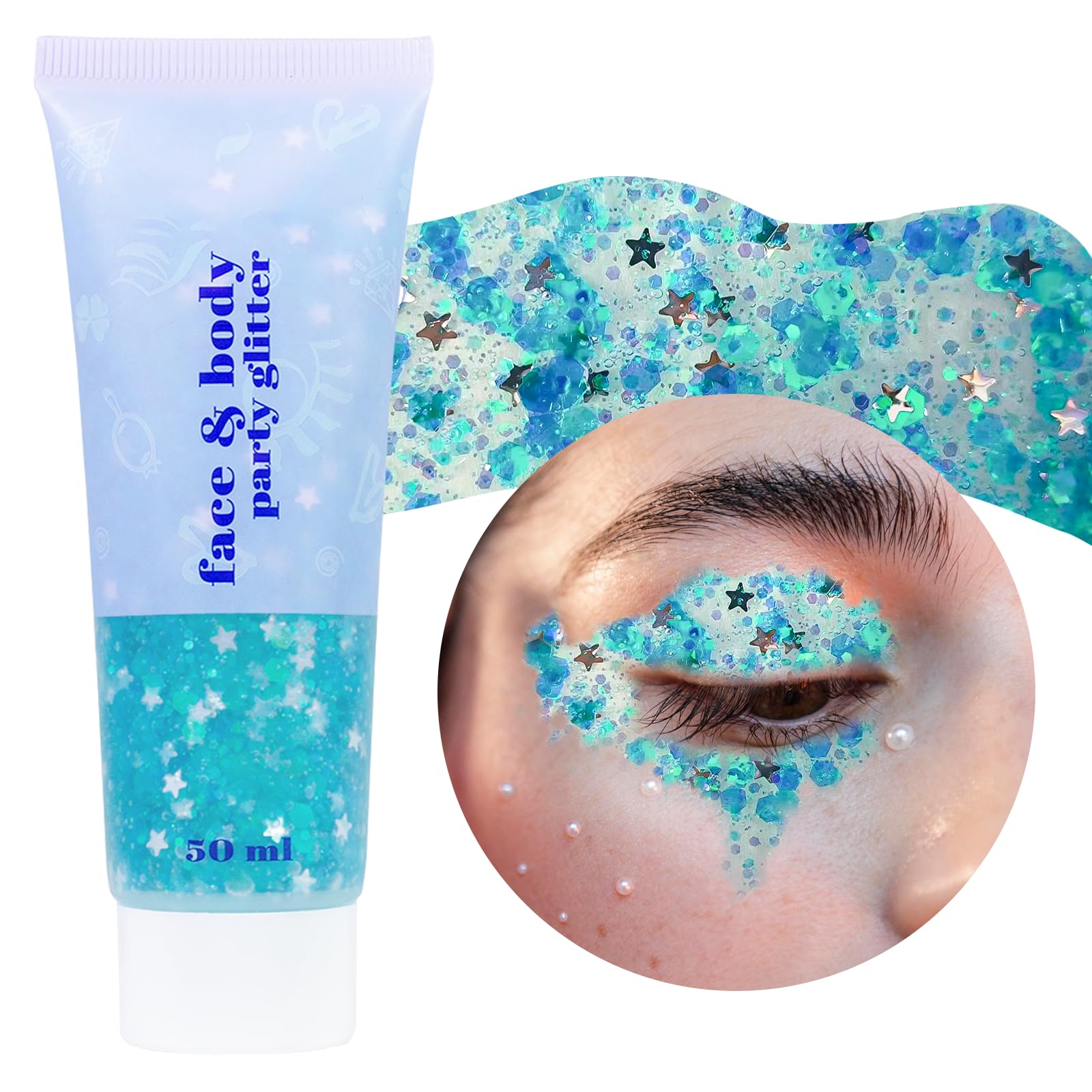Prreal Body Glitter Gel 50ml, Face Glitters Body Gel Sequins Shimmer Liquid Eyeshadow, Chunky Glitter for Face Hair Nails, Holographic Cosmetic Laser Powder Festival Glitter Makeup#Lake Blue